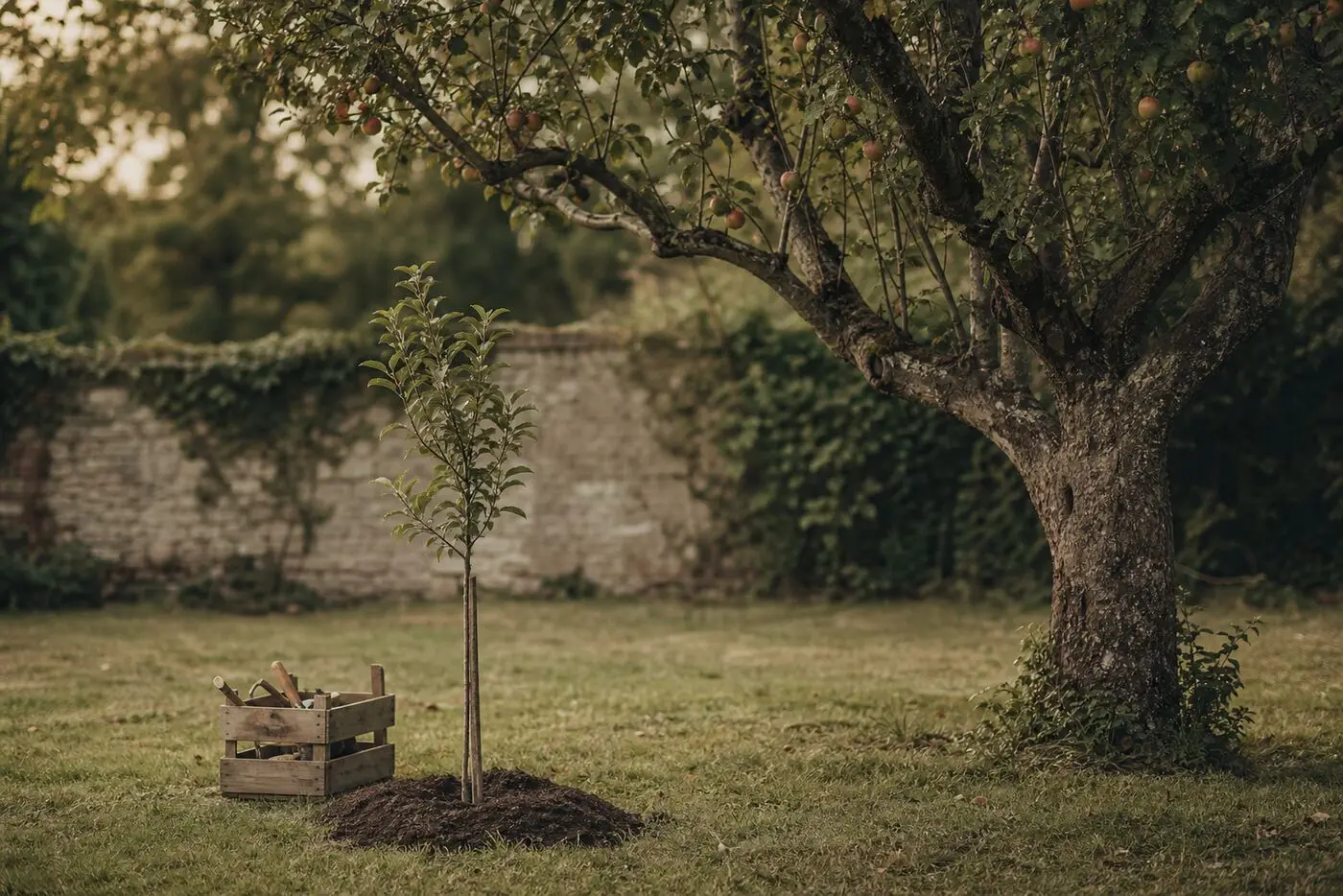 Junger und alter Apfelbaum nebeneinander im Garten